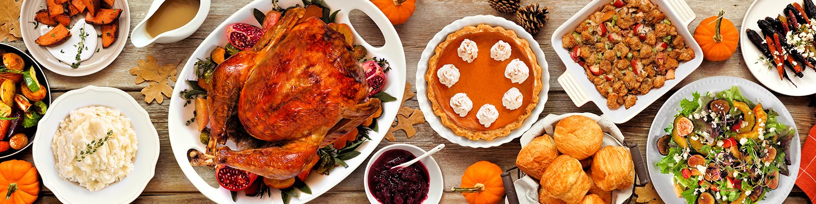 Table spread with a traditional Thanksgiving dinner